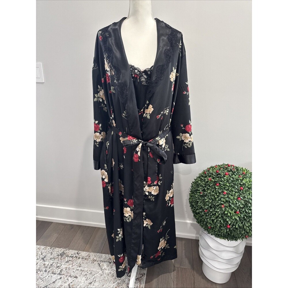 Vintage Adonna Floral Satin Long Robe Lace Trim Belted Womens Sz L